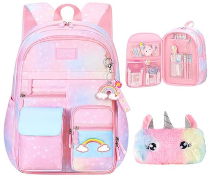 Girls Gradient Rainbow Backpack,Cute Student School Backpack With Pen Bag,Starry Rainbow Laptop Travel Bag-Pink - color: Gradient Pink