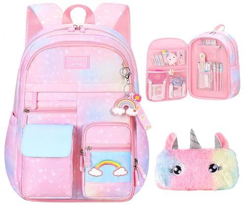 Girls Gradient Rainbow Backpack,Cute Student School Backpack With Pen Bag,Starry Rainbow Laptop Travel Bag-Pink - color: Gradient Pink