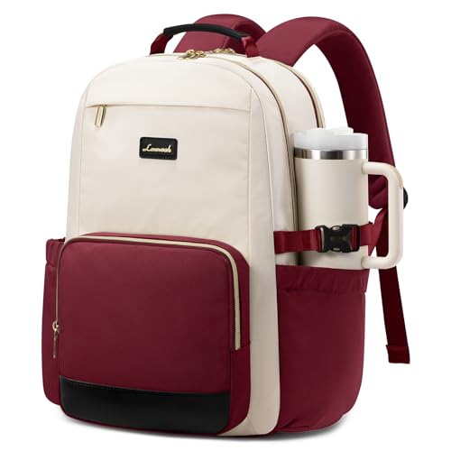 LOVEVOOK Laptop Backpack for Women with Pouch Pocket for Large Capacity Cup,15.6 Inch Teacher Nurse College Work Backpack Purse,Waterproof Laptop Bag Computer Back Pack for Travel, Beige-Red-Black - color: Beige - Dark Red - Black, size: 15.6 Inch