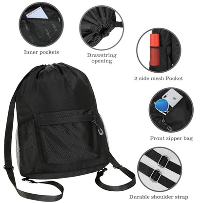 Waterproof Drawstring Bag, Lightweight String Backpack with Water Bottle Holder and Pockets, Gym Sports Cinch Sackpack (Black) - color: Black