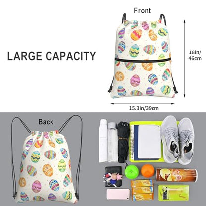Easter Eggs Drawstring Bag, Waterproof Drawstring Bckpack for Gym Sports Easter Party Gift, Women Men Sackpack Bag with Front Zipper Pocket and Inside Zipper Pocket - color: Easter Eggs