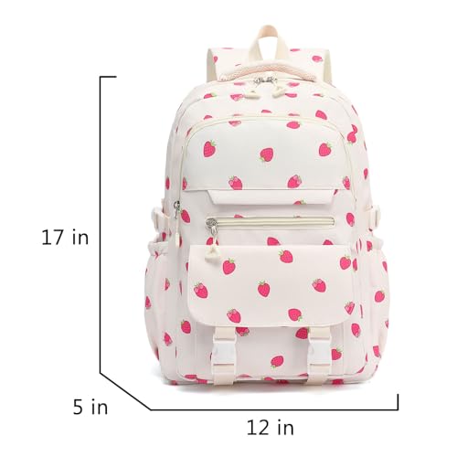 High Middle School Backpack for Girls Travel Kawaii Laptop Kids Bookbag, Strawberry Beige - color: Beige Strawberry