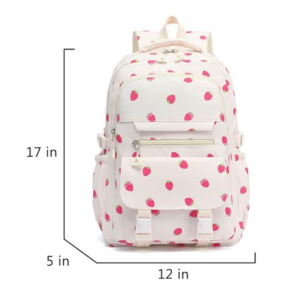 High Middle School Backpack for Girls Travel Kawaii Laptop Kids Bookbag, Strawberry Beige - color: Beige Strawberry