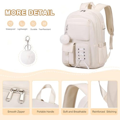Scothen Backpacks for Girls, Girls Backpack with Lunch Box & Pencil Pouch for Teens Girl Kids Elementary Middle High School College Student Bookbag Daypack Laptop Travel Backpack for Women - color: Beige