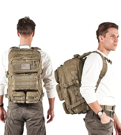 Falko Tactical Backpack for Men and Women 50L Backpack 2.4x Stronger Large Military Molle Rucksack, Bugout Backpack Outdoors - color: Desert Tan