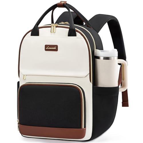 LOVEVOOK Laptop Backpack for Women with Giant Tumbler Holder Pocket, 18 inch Large Travel Work Backpack Purse for Teacher Nurse, Waterproof College Book Bag Cute Casual Daypack, Beige-Black-Brown - color: Black White Brown, size: 18 inch