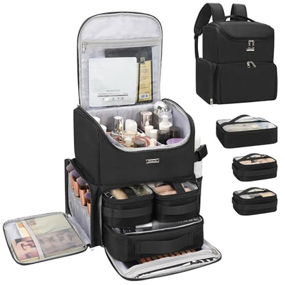 Relavel Makeup Backpack Large Makeup Bag with 3 Clear Set Bags, Dual Layer Professional Cosmetic Organizer Travel Train Case Makeup Artist Kit with Adjustable Dividers & Easy to Clean Lining, Black - color: Black, size: Large