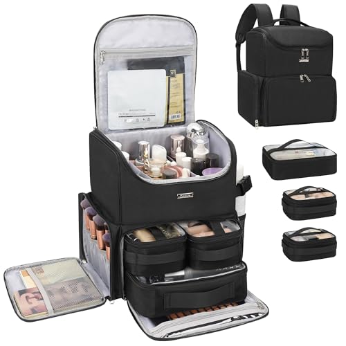 Relavel Makeup Backpack Large Makeup Bag with 3 Clear Set Bags, Dual Layer Professional Cosmetic Organizer Travel Train Case Makeup Artist Kit with Adjustable Dividers & Easy to Clean Lining, Black - color: Black, size: Large
