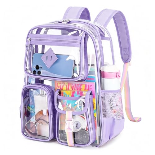 PIG PIG GIRL Clear Backpack for School,Heavy Duty PVC Transparent Bookbag for Girls Stadium Approved See Through Backpack - color: 1-purple