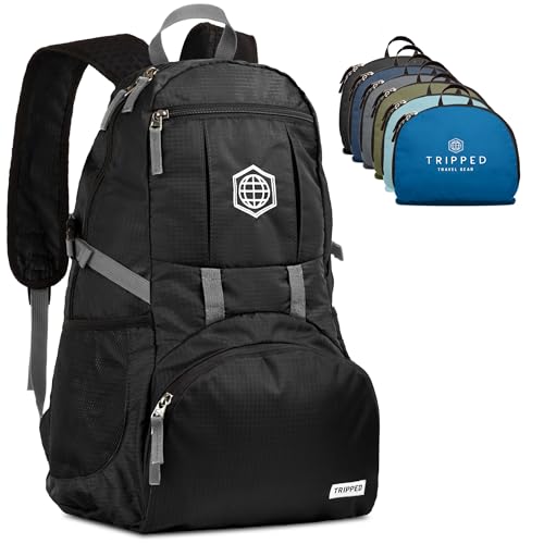 TRIPPED Travel Gear Traveling Backpack- Foldable collapsible lightweight backpack for travel (Black) 35 liters - color: Jet Black