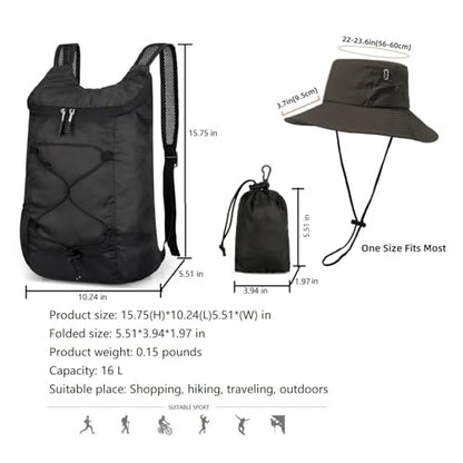 levayhill 16L Small Lightweight Foldable Backpack Sun Hats Travel, Black | Compact Packable Daypack with Bucket Hat For Men Women, Collapsible Bag Quick-dry Outdoor Hiking Beach Summer Fisherman Hat - color: Black