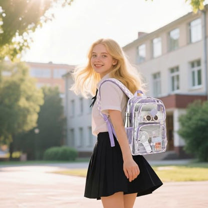 Clear Backpacks for Girls Women, Heavy Duty PVC Transparent Back Pack See Through Boys Kids Clear Bookbags for School Checkered Purple - color: Checkered Purple