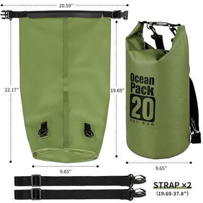 Waterproof Backpack 20L, Army Green Roll Top Water Proof Dry Bag, Heavy Duty Floating Dry Bag for Kayaking Ship Camping, Hiking Backpack with IPX8 Waterproof Phone Pouch-Black, 7" - color: Army green dry bag 20L + Phone pouch 7"