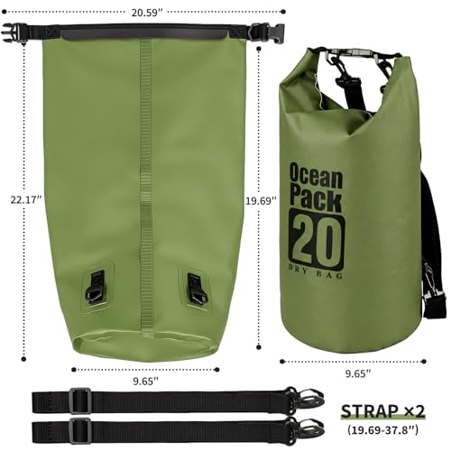 Waterproof Backpack 20L, Army Green Roll Top Water Proof Dry Bag, Heavy Duty Floating Dry Bag for Kayaking Ship Camping, Hiking Backpack with IPX8 Waterproof Phone Pouch-Black, 7" - color: Army green dry bag 20L + Phone pouch 7"