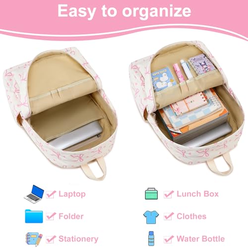 LEDAOU School Backpack for Teen Girls - 15.6 Inch Laptop Backpack, Cute Bow Aesthetic Bookbag, Lightweight Water Resistant Daypack for Middle High School, College and Travel - color: A-pink Bow Tie