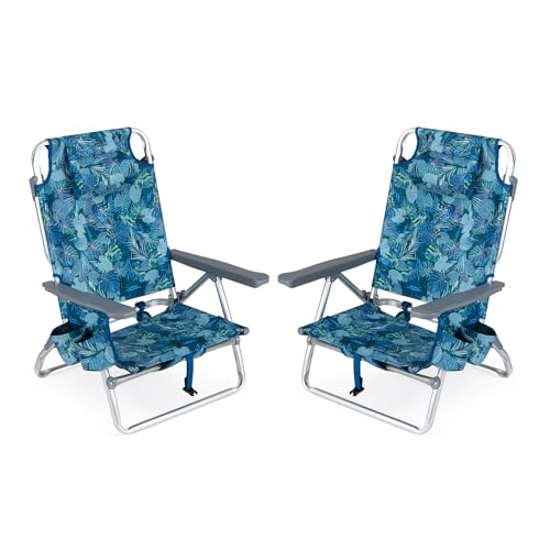 COSTWAY Portable Folding Backpack Beach Chairs Set of 2 with 5-Position Backrest, Padded Headrest, Cup Holder & Ice Bag for Lawn, Poolside (Tropical Leaf) - color: Tropical Leaf