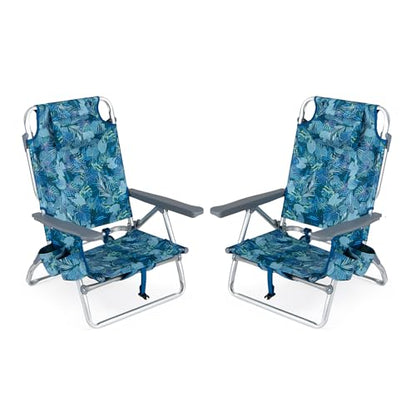 COSTWAY Portable Folding Backpack Beach Chairs Set of 2 with 5-Position Backrest, Padded Headrest, Cup Holder & Ice Bag for Lawn, Poolside (Tropical Leaf) - color: Tropical Leaf