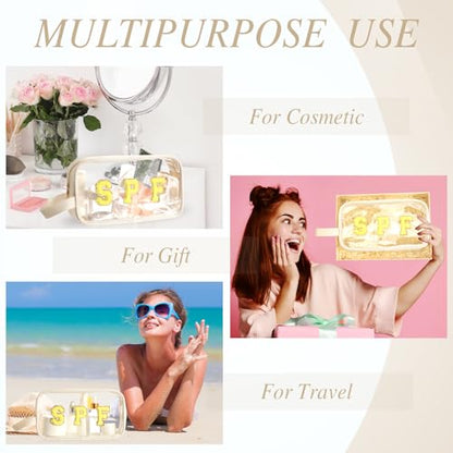Kacctyen Letter Clear Makeup Bags Spf Pouch Beige Preppy Beach Patch Clear Travel Bag with Zipper Chenille Nylon Cosmetics Waterproof Sandproof Bags Toiletry Storage Snack Sunscreen Pouch for Women - color: White, style: Spf