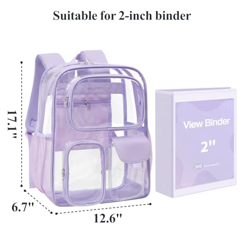 PACKISM Clear Backpack for School - 17 inch Large Heavy Duty Bookbag, Reinforced See Through PVC Transparent Backpack - color: Pu Straps Purple 3 Pockets, style: Daypack Backpacks