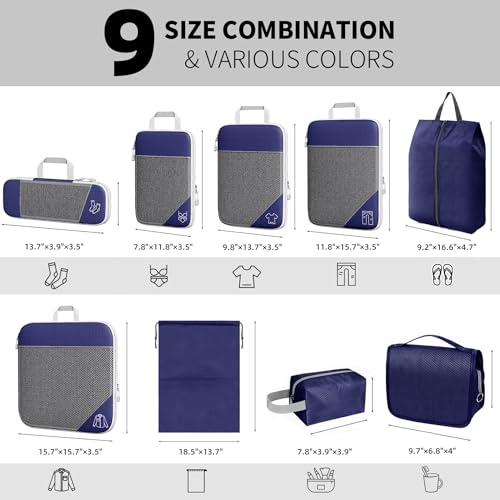9-Set Packing Cubes with Hanging Bag | 9-Size Combination, Mesh Fabric & Reflective Stripe | Travel Luggage Organizers (Navy) - color: Navy