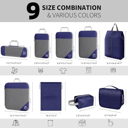 9-Set Packing Cubes with Hanging Bag | 9-Size Combination, Mesh Fabric & Reflective Stripe | Travel Luggage Organizers (Navy) - color: Navy