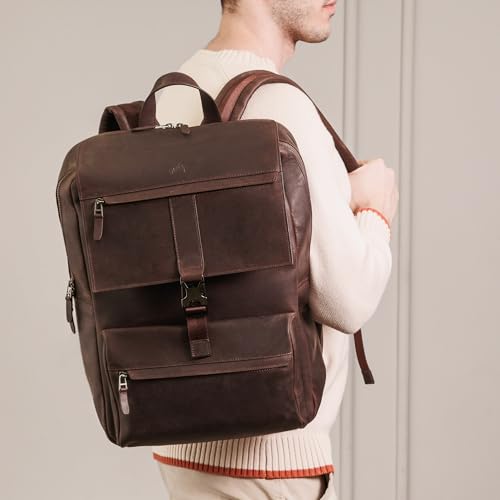 Leather Backpack for Men & Women, Classic Dark Brown - Handcrafted Top Grain Leather Backpack with 17 Inch Laptop Sleeve - Lightweight, Stylish & Durable for Business & Travel - 33cm x 16cm x 40cm - color: Dark Brown