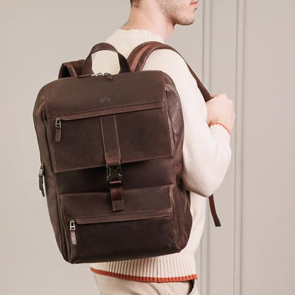 Leather Backpack for Men & Women, Classic Dark Brown - Handcrafted Top Grain Leather Backpack with 17 Inch Laptop Sleeve - Lightweight, Stylish & Durable for Business & Travel - 33cm x 16cm x 40cm - color: Dark Brown