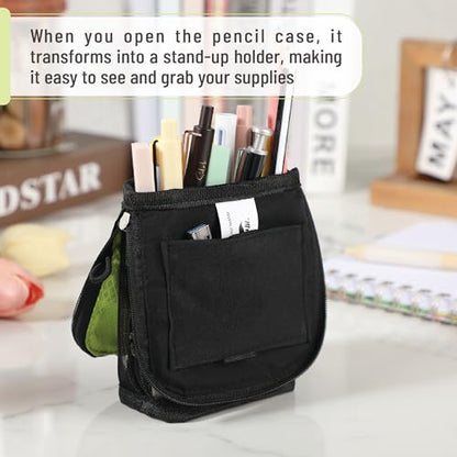 Mr. Pen- Standing Pencil Case Pouch, Sit & Lay Mesh-View Design, Black & Lawn Green, Interior Pocket & 2 Elastic Binder Loops, Cute Pencil Case for Girls and Boys - color: Black & Lawn Green