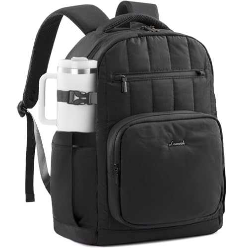 LOVEVOOK Laptop Backpack for Women with Giant Tumbler Holder Pocket,17 Inch Puffer Travel College Work Backpack Purse for Teacher Nurse,Waterproof Laptop Bag Computer Back Pack Casual Daypack,Black - color: Black, size: 17 Inch