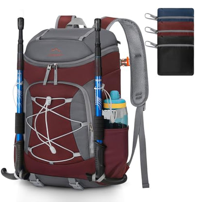 RAINSMORE Foldable Hiking Backpack for Women Men Packable Camping Backpack 40L Waterproof Hiking Daypack Bag Lightweight Collapsible Daypack for Travel Trekking Mountaineering Large Capacity Red - color: Dark Red and Grey
