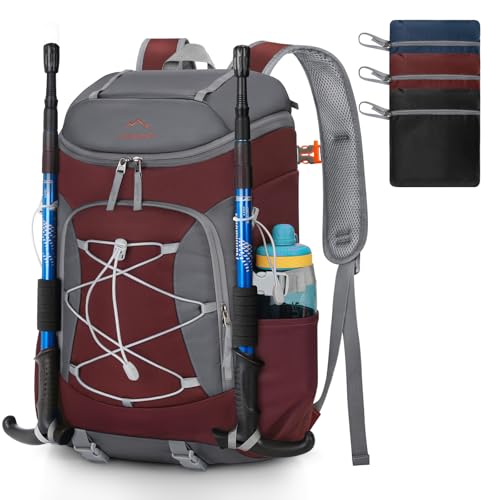 RAINSMORE Foldable Hiking Backpack for Women Men Packable Camping Backpack 40L Waterproof Hiking Daypack Bag Lightweight Collapsible Daypack for Travel Trekking Mountaineering Large Capacity Red - color: Dark Red and Grey