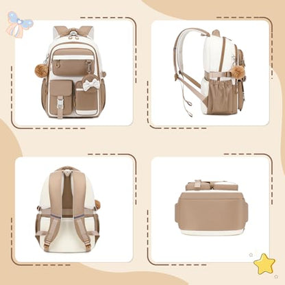 MUSEVOS Kids Teenage Girls Backpack, Elementary/Middle/High Schoolbag, Multi-Compartment Water-resistant Cute Bookbag, 17inch - color: Khaki-white