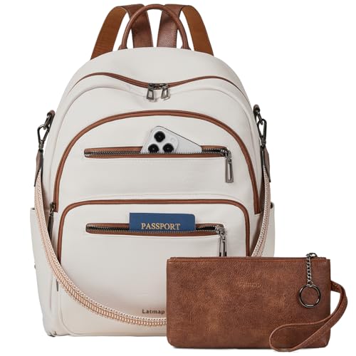 LATMAP Backpack Purse for Women Laptop Backpack, Leather Travel Back Pack Shoulder Bag Teacher College Daypack Work Handbag fits 14" Laptop, Beige - color: Style1-beige