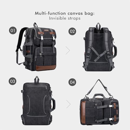 WITZMAN Canvas Travel Backpack for Men Large Laptop Backpack Fit 16 inch Carry-on Airline Approved Convertible Shoulder Rucksack(A6617-3 Black) - color: Black