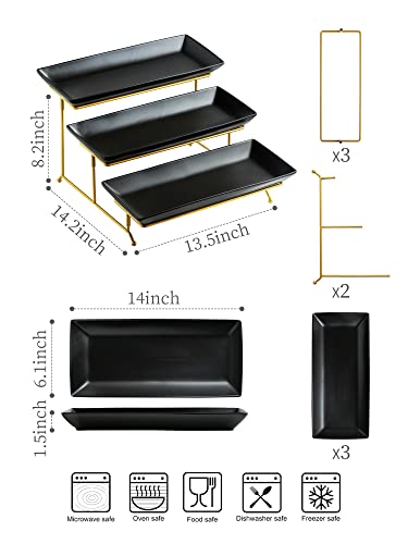 LYEOBOH 3 Tier Serving Tray Set, Tiered Serving Stand with Platters, Serving Dishes for Entertaining Halloween Christmas Party, Collapsible Sturdier Stand & 14 Inch Large Platters for Food Display - color: Black, style: 14inch Rectangle platter