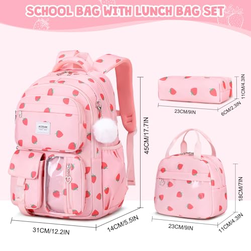 ACESAK Backpack for Girls - Girls Backpack with Lunch Bag & Pencil Pouch for Teen Kids Laptop Backpack for Women, Elementary Middle High School Bookbag Travel Daypack (Pink Strawberry) - color: Pink Strawberry