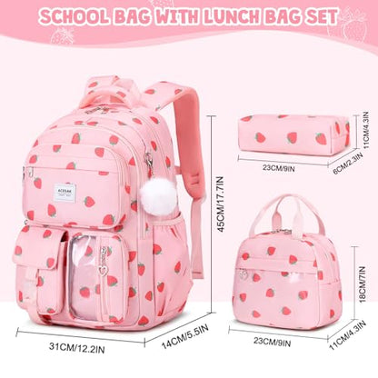 ACESAK Backpack for Girls - Girls Backpack with Lunch Bag & Pencil Pouch for Teen Kids Laptop Backpack for Women, Elementary Middle High School Bookbag Travel Daypack (Pink Strawberry) - color: Pink Strawberry