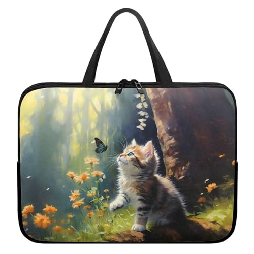 10 Inch Cute Cat Flower Tablet Sleeves Laptop Case, Protective Computer Bag with Handle, Carrying Case Tablet Cover for Students, Water-Repellent Notebook Sleeves Messenger Briefcase - color: Cute Cat Flower, size: 10 Inch