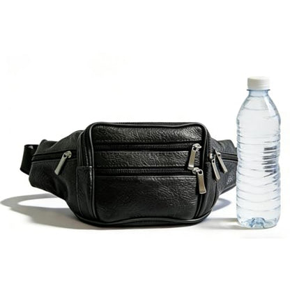 Leather Fanny Pack Travel Waist Bag 7 Pockets Waist Pack.Suitable for Outdoor Mountaineering Travel Camping Cycling Running etc FANNING511 Fanny pack (Black) - color: black