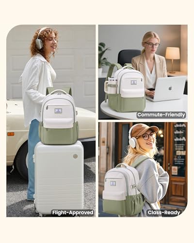 LOVEVOOK Laptop Backpack for Women Teens,College School Backpack with Tumbler Holder,15.6" Computer Bag,14 Pockets,Waterproof - color: Off-white/Bean, size: 15.6inch