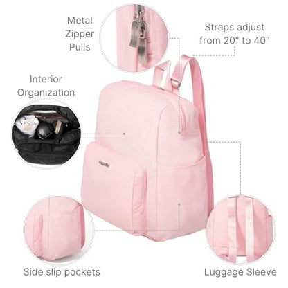 Carryall Packable Lightweight Travel Backpack 14x11" Folding Compact Nylon Washable Weekender Daypack w/Luggage Sleeve - color: Bagg Pink