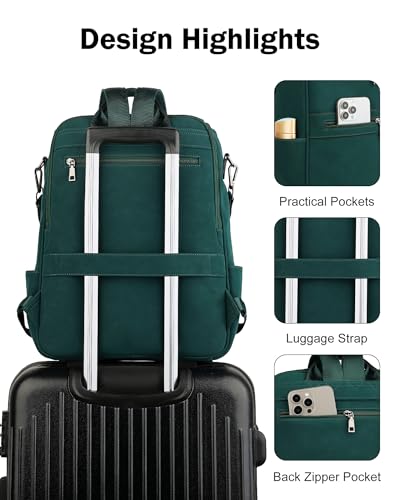 FADEON Laptop Backpack for Women Leather Travel Backpack with Laptop Compartment, Designer Ladies Computer Backpacks Green - color: Dark Green Nubuck Style