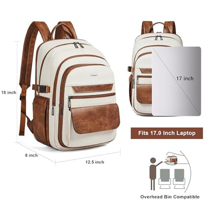 Vegan Leather Backpack, TSA Travel Backpack for Men and Women, Fits 17.0 Inch Notebook with Luggage Strap and USB Port, Beige - color: Beige