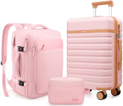 UKEIN Luggage Sets 3 Piece, Carry On Luggage 20In With Spinner Wheels,PC Hardside Suitcase Set with TSA Lock,Durable Carry On Suitcase With Travel Backpack for Men (Pink, 3 piece set (20inch)) - color: Pink, size: 3 piece set (20inch)