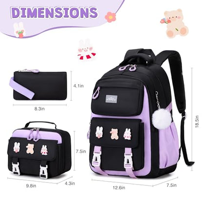 DIGOBAY 3PCS Girls Backpack for School, Kids Backpack for Girls with Lunch Box Pencil Case Set for Teen Girl Elementary Primary Middle High College School Bookbag with Cute Pins (Black-Purple) - color: Black-purple