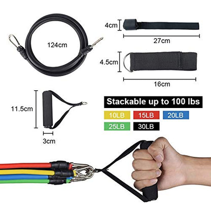 11 Pack Resistance Bands Set,Including 5 Stackable Exercise Bands with Door Anchor,2 Foam Handle,2 Metal Foot Ring & Carrying Case - Home Workouts,Physical Therapy,Gym Training
