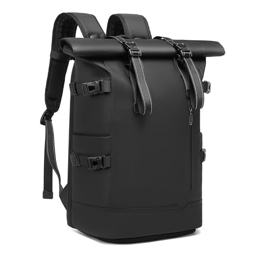 Travel Roll Top Backpack with Shoe Compartment, 17 inch Laptop Compatible, for Business, Hiking, Mountaineering, Large Capacity - color: Black Upgraded Version