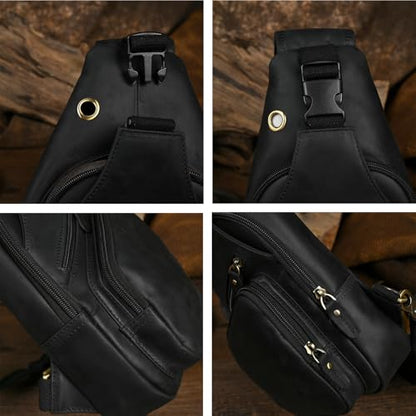 Le'aokuu Men Fashion Casual Tea Designer Travel Hiking Crossbody Chest Sling Bag Rig One Shoulder Strap Bag Men Leather 8015 | Fashion - color: X Dark Black
