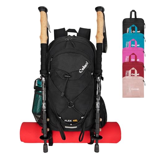 Goloni 45L Hiking Backpack Lightweight Foldable, Waterproof Camping Backpack with Rain Cover & Hiking Pole Mat Carrying System, Ergonomic Water Resistant Daypack for Trekking Travel Men Women,Black - color: Black
