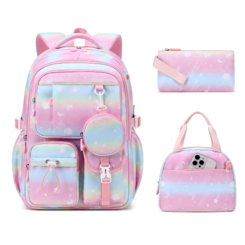 MOONBABY Girls Backpack, Kids Backpack for Girls, School bag for Primary Elementary Teenage, Middle School Students Bookbag - color: 3pcs-pink Planet